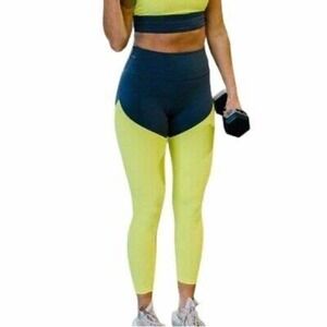 Zyia Active Leggings Womens 12 Neon Yellow Blue Parallel Luxe Hi-Rise 7/8 Yoga